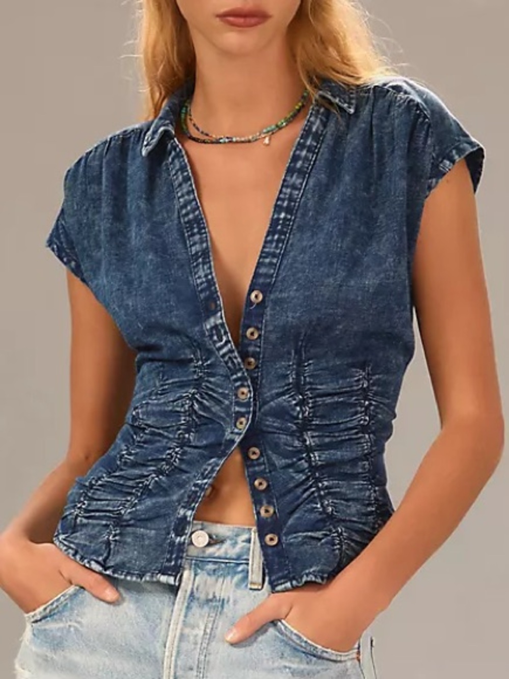 NWT Anthropologie Pilcro Ruched Denim Button Down Blouse